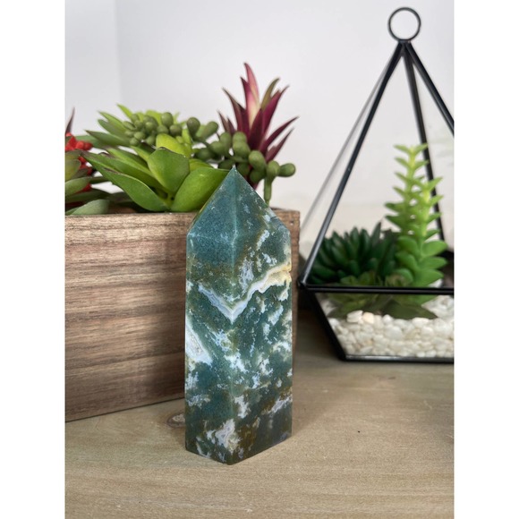 Moss Agate Druzy Tower Polished Stone Crystal - Picture 5 of 10